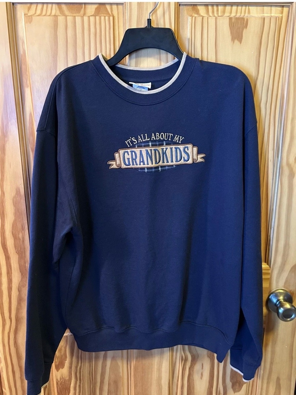Navy Crewneck Sweatshirt with "Grandkids" Embroidered Motif